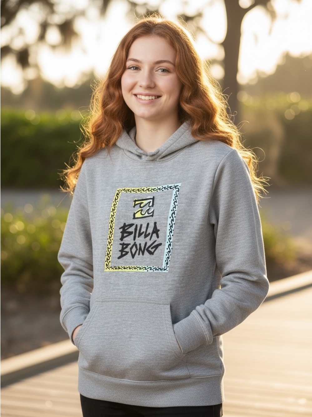 Billabong Light Gray Crewneck Hoodie with Neon Logo